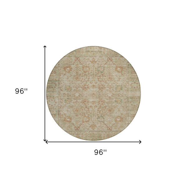 Homeroots 3' Beige Brown And Green Oriental Washable Rug - Perfect For Indoor Or Outdoor Spaces, Durable Design 8' Round Polyester 603865