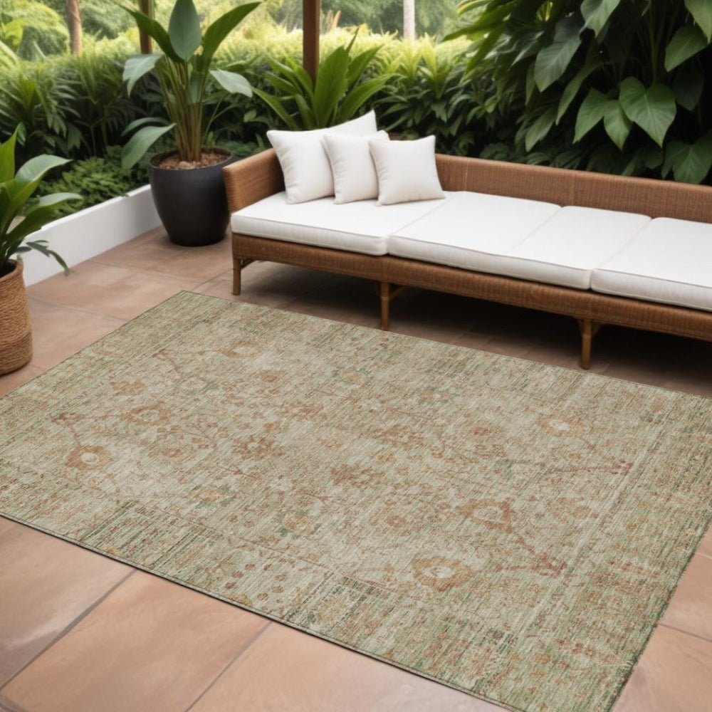 HomeRoots 9' Elegant Beige Brown and Green Oriental Washable Area Rug for Indoor & Outdoor Spaces, Durable Design 603867