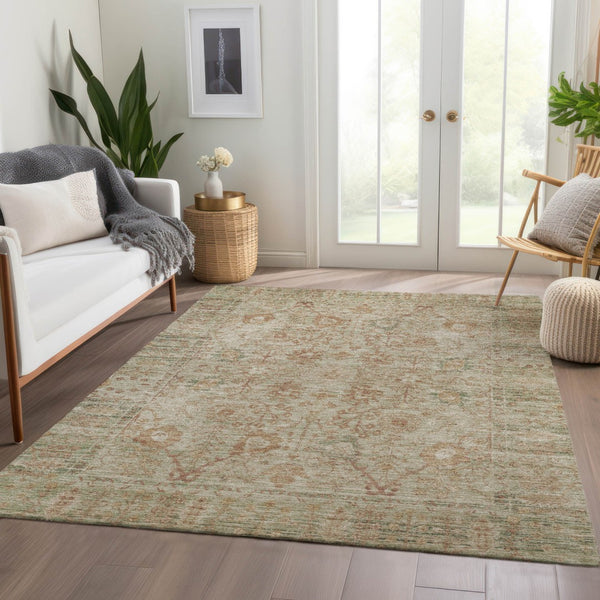 Homeroots 3' Beige Brown And Green Oriental Washable Rug - Perfect For Indoor Or Outdoor Spaces, Durable Design 9' X 12' Polyester 603867