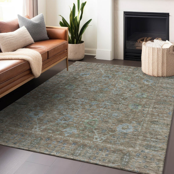 Homeroots 3' Beige Brown And Green Oriental Washable Rug - Perfect For Indoor Or Outdoor Spaces, Durable Design 5' X 8' Polyester 603870