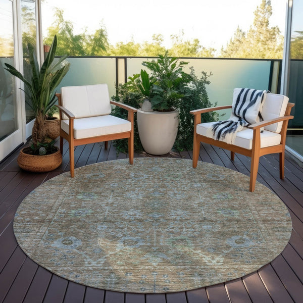 Homeroots 3' Beige Brown And Green Oriental Washable Rug - Perfect For Indoor Or Outdoor Spaces, Durable Design 8' Round Polyester 603871