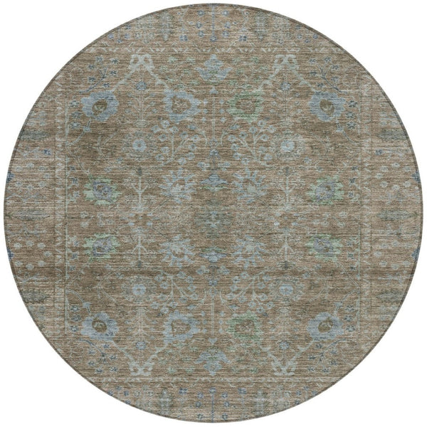 Homeroots 3' Beige Brown And Green Oriental Washable Rug - Perfect For Indoor Or Outdoor Spaces, Durable Design 8' Round Polyester 603871