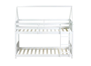 English Elm Twin House-Style Twin Bunk Bed With Safety Guardrails, Ladder & Play Space – White Rubberwood Design W504P227972-GIGA