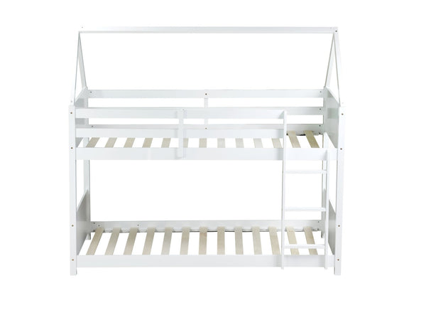 English Elm Twin House-Style Twin Bunk Bed With Safety Guardrails, Ladder & Play Space – White Rubberwood Design W504P227972-GIGA