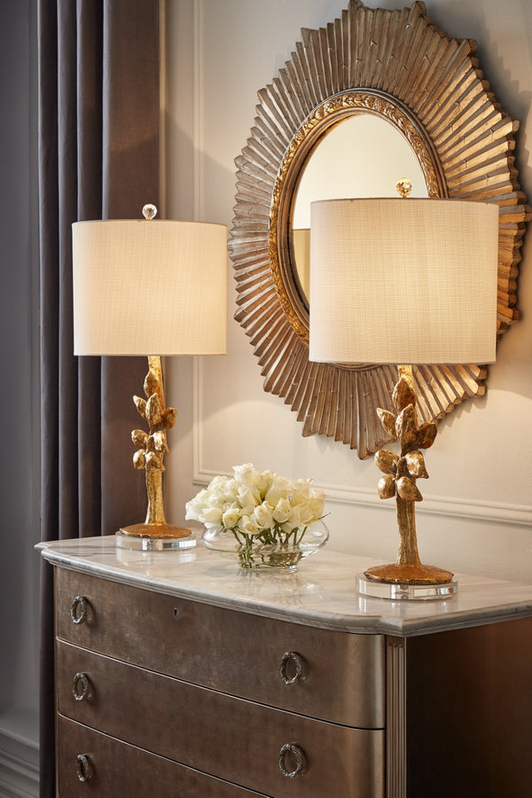 Wildwood Juliet Sculptural Table Lamp With Gold Leaf Textured Leaves, Eggshell Linen Shade & Acrylic Accents 60390