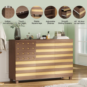 English Elm 55"Buffet Hand-Carved Sideboard Cabinet with 2 Drawers 3 Doors Adjustable Shelves Coffee Bar Console W2977P294070