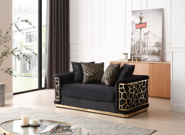 English Elm Talia Chic Micro Suede Loveseat with Patterned Arms, Gloss Brass Trim & Kiln-Dried Hardwood Frame Black 35 L x 26 W x 69 H B078P301560