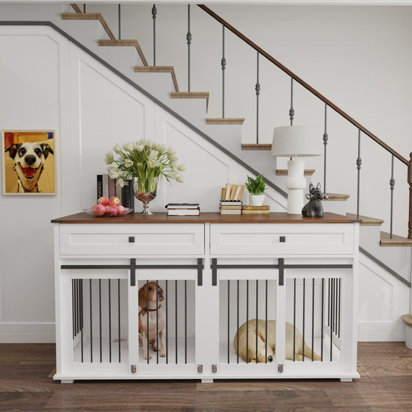 English Elm 63'' Farmhouse Double Dog Crate Furniture with Wood Grain Mdf Build and Storage Drawers W2557P231672