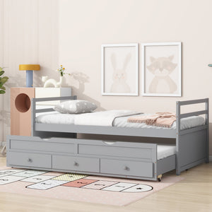 English Elm Twin Twin Size Bed with Trundle and Three Storage Drawers, Space-Saving Pine Frame with Classic Headboard Grey W504P197161