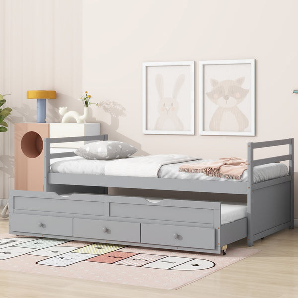 English Elm Twin Twin Size Bed with Trundle and Three Storage Drawers, Space-Saving Pine Frame with Classic Headboard Grey W504P197161