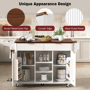 English Elm K&k Fluted Rolling Kitchen Island Faux Marble Top Power Outlet Drop Leaf Storage White N707S000019W