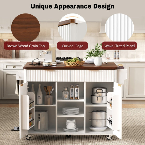 English Elm K&k Fluted Rolling Kitchen Island Faux Marble Top Power Outlet Drop Leaf Storage White N707S000019W