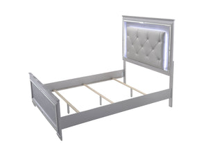 English Elm 1pc Modern Queen LED Faux Leather Upholstery Panel Bed with Tufted Headboard, Textured Footboard Glam Finish Beige,Silver 82.6 L x 2.76 W x 30.35 H B2741S00204