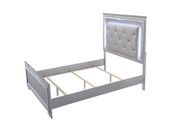 English Elm 1pc Modern Queen LED Faux Leather Upholstery Panel Bed with Tufted Headboard, Textured Footboard Glam Finish Beige,Silver 82.6 L x 2.76 W x 30.35 H B2741S00204