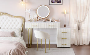 English Elm Velvet Upholstered Vanity Desk Set with Marble-Look Top, Padded Chair, 5 Spacious Drawers & Gold Accents Beige 17.5 L x 16.3 W x 16.1 H N733S272606A