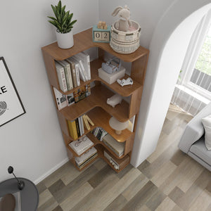 English Elm 6 Tier Freestanding L-Shaped Corner Bookshelf with Anti-Tip, Rounded Corners, 3D Wood Grain Finish Dark Oak W2899P372855