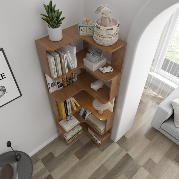 English Elm 6 Tier Freestanding L-Shaped Corner Bookshelf with Anti-Tip, Rounded Corners, 3D Wood Grain Finish Dark Oak W2899P372855