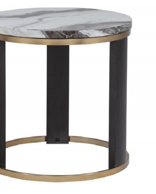 English Elm 24" Icelandic Ivory Faux Marble End Table with Brass Frame and Dark Wood Legs, 24" Round Accent Table B011P355863