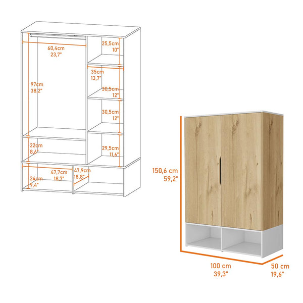 English Elm Rose Double Door Armoire with Hanging Rod, 7 Shelves, Multicolor Particle Board, Space-Saving Storage B128S00114