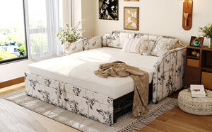 English Elm Twin Linen Upholstered Daybed with Pop up Trundle and Built in Usb Charging White Tossed Botanical SF000199AAZ