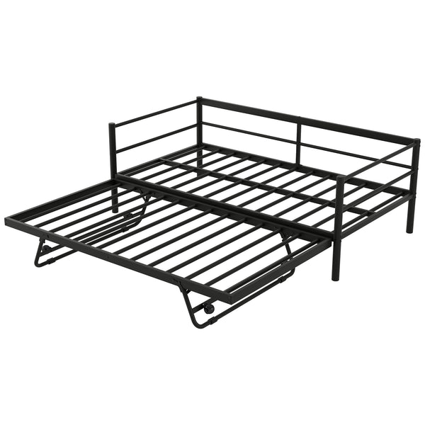 English Elm Twin Metal Daybed with LED Lighting and Adjustable Pop-Up Trundle, Industrial Steel Frame, Heavy-Duty Support Black N750P244915B