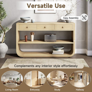 English Elm [video] Sculptural Console Table Pine Wood Curved Legs Soft-close Drawers Open Shelving Entryway Natural N759P433560N