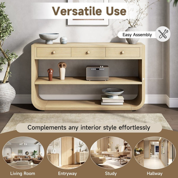 English Elm [video] Sculptural Console Table Pine Wood Curved Legs Soft-close Drawers Open Shelving Entryway Natural N759P433560N
