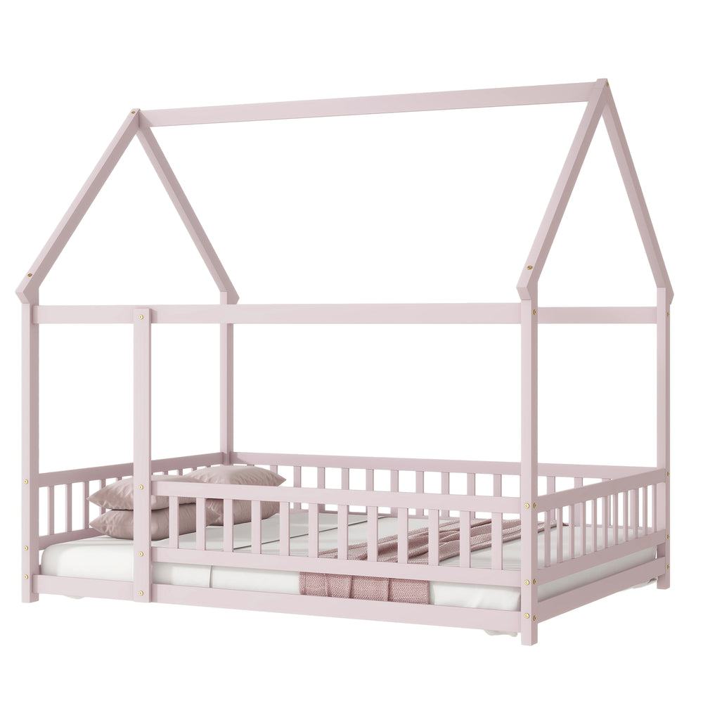 English Elm Full Size House Floor Bed With Roof Frame & Guardrails - Cozy Pink Wooden Design For Kids W504P286410