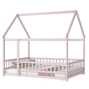 English Elm Full Size House Floor Bed With Roof Frame & Guardrails - Cozy Pink Wooden Design For Kids W504P286410