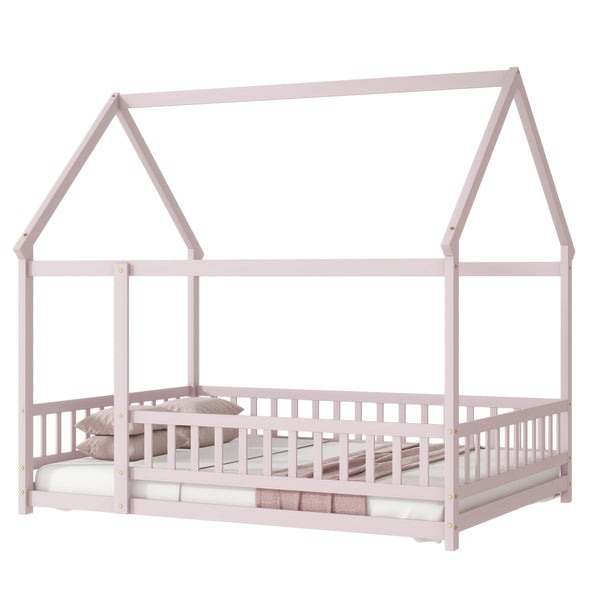 English Elm Full Size House Floor Bed With Roof Frame & Guardrails - Cozy Pink Wooden Design For Kids W504P286410