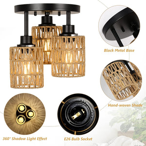 English Elm Flush Rattan 3-Light Semi Flush Mount Ceiling Light Fixture – Handwoven Eco Boho Farmhouse Chic Ambient Brown W2738P185408