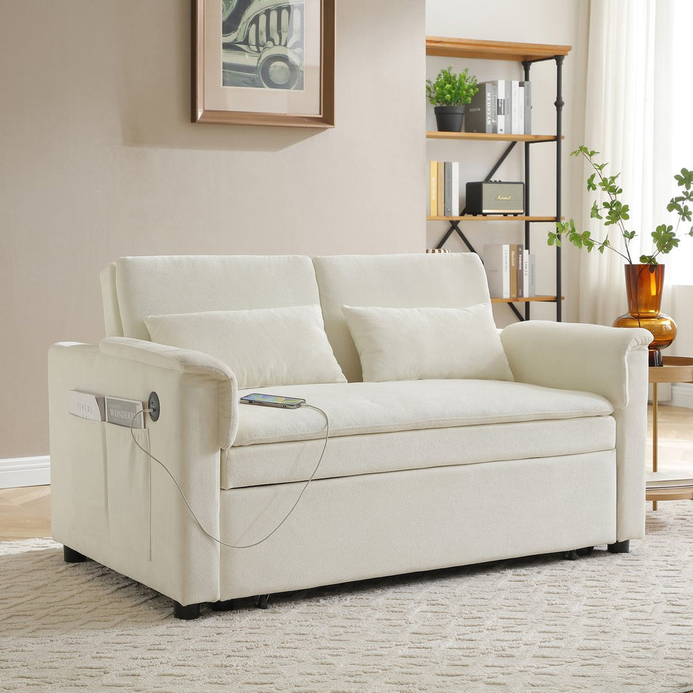 English Elm 55" Velvet Two Seater Pull Out Sofa Bed with USB Ports, Side Pockets, Adjustable Backrest, Compact Lounger Beige W2677P288322
