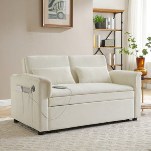 English Elm 55" Velvet Two Seater Pull Out Sofa Bed with USB Ports, Side Pockets, Adjustable Backrest, Compact Lounger Beige W2677P288322