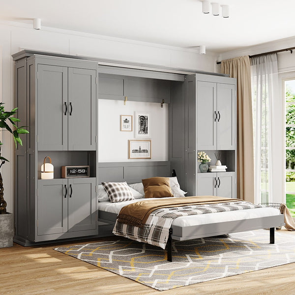 English Elm Full-size Murphy Wall Bed with Sliding Cabinets and Twelve Open Shelves for Studios Gray LP000919AAE