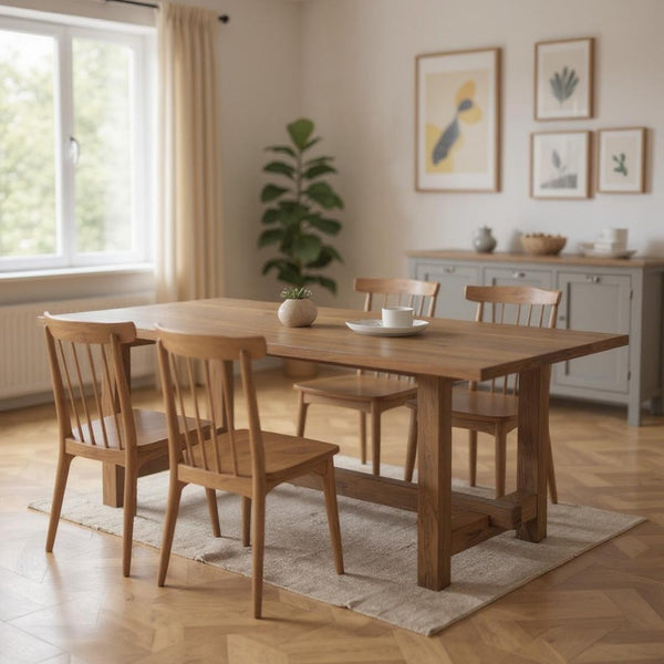 HomeRoots 84" Brown Solid Wood Trestle Base Dining Table - Timeless Elegance for Dining & Versatile Workspaces 604015