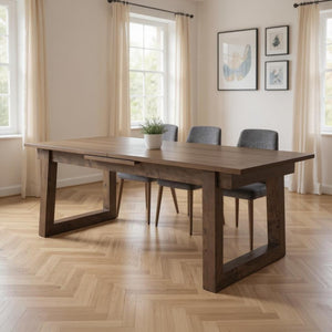 HomeRoots 106" Dark Brown Extendable Dining Table with Self-Storing Leaf and Sleek Sled Base for Versatile Use 604023