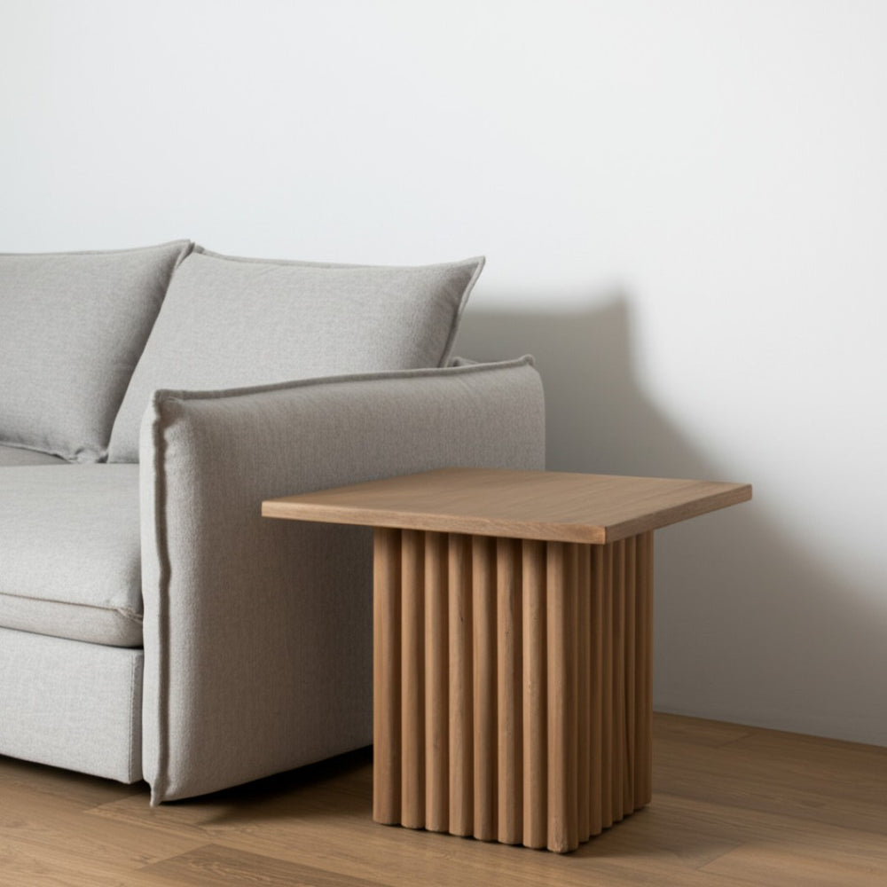 HomeRoots 22" Brown Solid Wood Square Block End Table - Handcrafted Mango Wood with Modern Ribbed Base Design 604029
