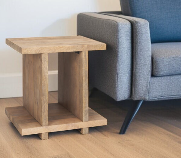 HomeRoots 22" Brown Solid Wood Sled End Table with Shelf – Modern Design, Versatile Storage for Any Room 604030