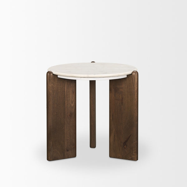 HomeRoots 20" Elegant White Marble and Brown Wood End Table – Versatile, Durable, Modern Design for Any Space 604033