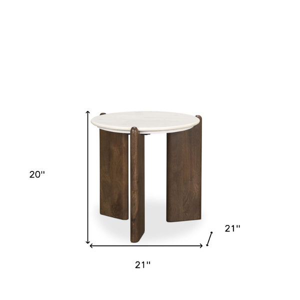 HomeRoots 20" Elegant White Marble and Brown Wood End Table – Versatile, Durable, Modern Design for Any Space 604033