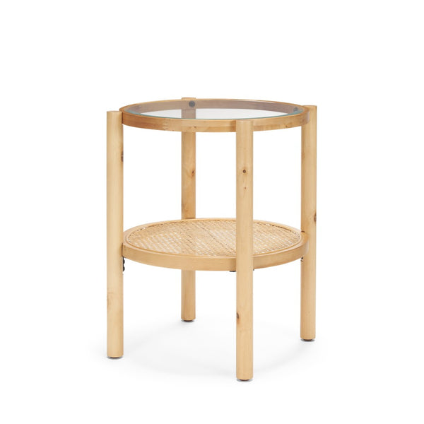 HomeRoots 24" Elegant Round End Table with Clear Glass Top, Solid Wood Frame & Woven Cane Shelf for Versatility 604038