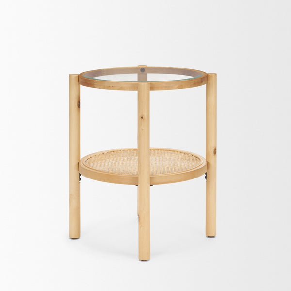 HomeRoots 24" Elegant Round End Table with Clear Glass Top, Solid Wood Frame & Woven Cane Shelf for Versatility 604038