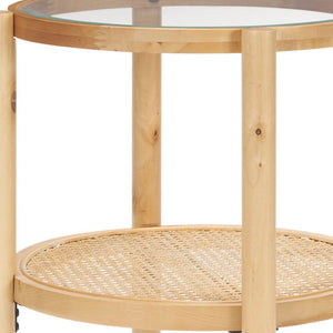 HomeRoots 24" Elegant Round End Table with Clear Glass Top, Solid Wood Frame & Woven Cane Shelf for Versatility 604038