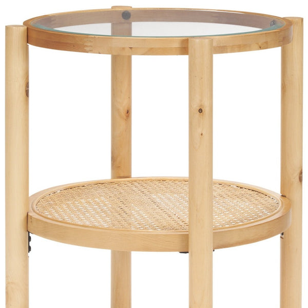 HomeRoots 24" Elegant Round End Table with Clear Glass Top, Solid Wood Frame & Woven Cane Shelf for Versatility 604038
