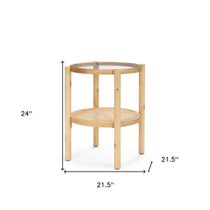 HomeRoots 24" Elegant Round End Table with Clear Glass Top, Solid Wood Frame & Woven Cane Shelf for Versatility 604038