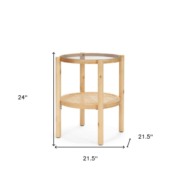 HomeRoots 24" Elegant Round End Table with Clear Glass Top, Solid Wood Frame & Woven Cane Shelf for Versatility 604038