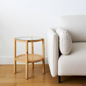 HomeRoots 24" Elegant Round End Table with Clear Glass Top, Solid Wood Frame & Woven Cane Shelf for Versatility 604038