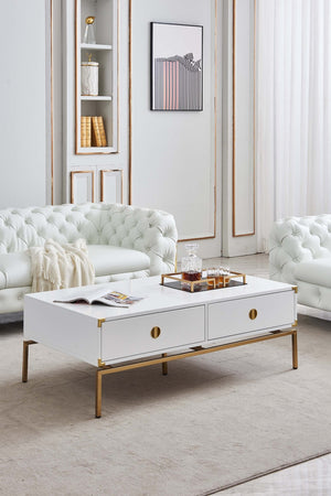 HomeRoots 28" Elegant White and Gold Solid Wood Coffee Table with Two Drawers for Stylish Living Spaces 604040