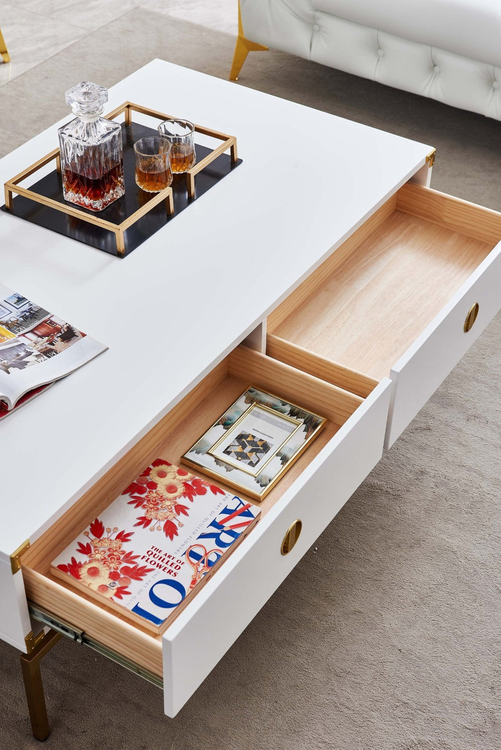 HomeRoots 28" Elegant White and Gold Solid Wood Coffee Table with Two Drawers for Stylish Living Spaces 604040