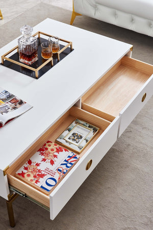HomeRoots 28" Elegant White and Gold Solid Wood Coffee Table with Two Drawers for Stylish Living Spaces 604040